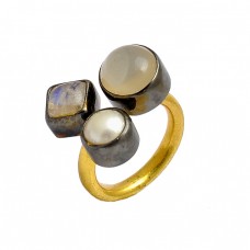 Moonstone Pearl Gemstone 925 Sterling Silver Gold Plated Designer Ring 