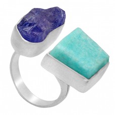 Raw Material Rough Amazonite Tanzanite Gemstone 925 Sterling Silver Handamde Jewelry Ring