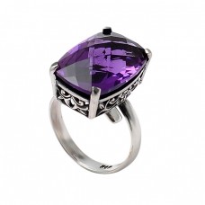 Rectangle Shape Amethyst Gemstone 925 Sterling Silver Prong Setting Ring 