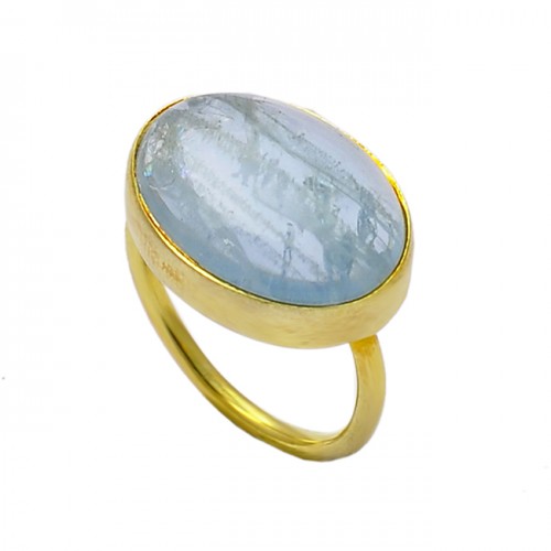 Oval Shape Aquamarine Gemstone 925 Sterling Silver Gold Plated Ring Jewelry