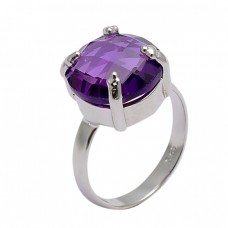 Round Shape Amethyst Gemstone 925 Sterling Silver Prong Setting Ring