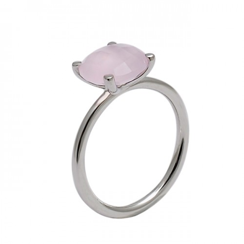 Round Shape Rose Chalcedony Gemstone 925 Sterling Silver Ring Jewelry