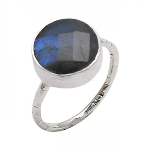 925 Sterling Silver Faceted Round Shape Labradorite Gemstone Ring Jewelry