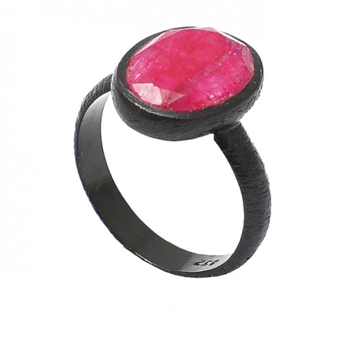 Oval Shape Ruby Gemstone 925 Sterling Silver Black Rhodium Ring Jewelry