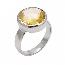 Faceted Round Shape Citrine Gemstone 925 Sterling Silver Designer Ring