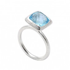 Faceted Square Shape Blue Topaz Gemstone 925 Sterling Silver Designer Ring