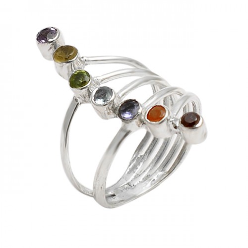 Multi Color Gemstone Faceted Round Shape Gemstone 925 Silver Cocktail Ring Jewelry