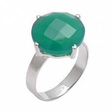 Faceted Round Shape Green Onyx Gemstone 925 Sterling Silver Designer Ring