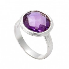 Faceted Round Shape Amethyst Gemstone 925 Sterling Silver Designer Ring