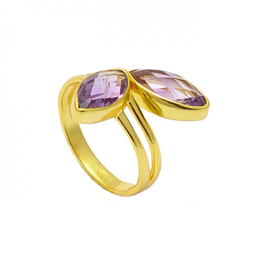 Faceted Marquise Shape Amethyst Gemstone 925 Sterling Silver Gold Plated Ring