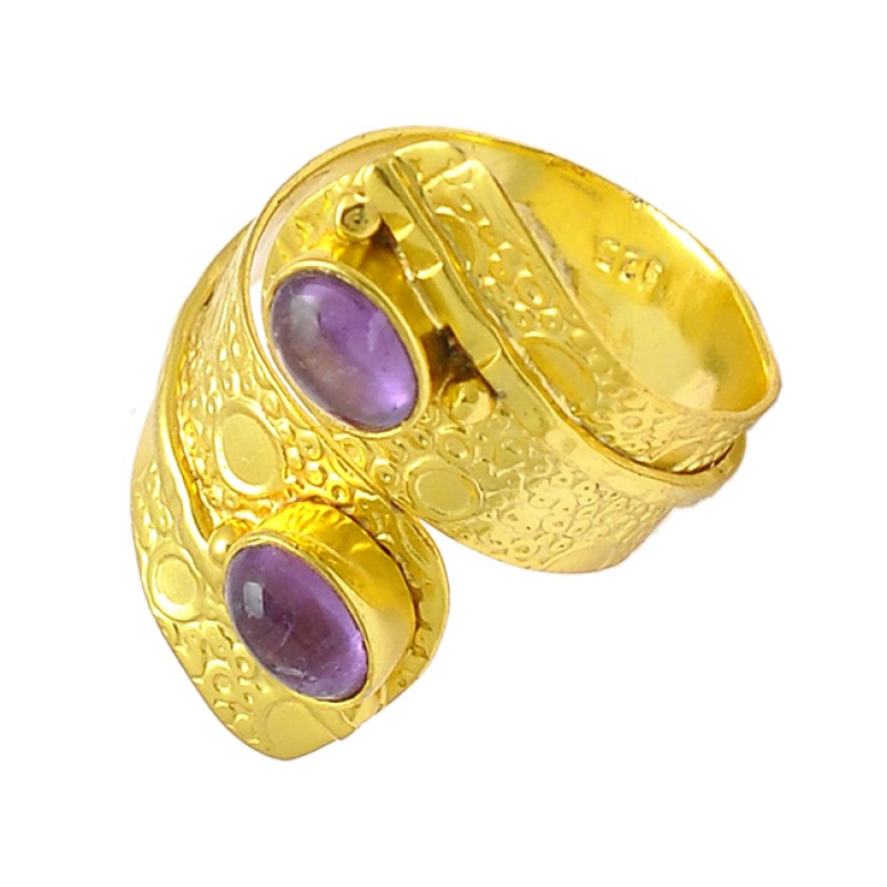 Cabochon Oval Purple Amethyst Gemstone 925 Sterling Silver Gold Plated Band Ring