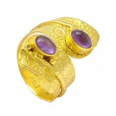 Cabochon Oval Purple Amethyst Gemstone 925 Sterling Silver Gold Plated Band Ring