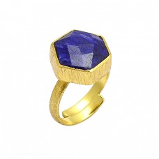 Hexagon Shape Lapis Lazuli Gemstone 925 Sterling Silver Gold Plated Ring Jewelry