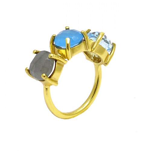 Labradorite Blue Topaz Chalcedony Gemstone 925 Silver Gold Plated Ring Jewelry