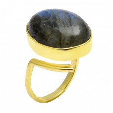 Labradorite Cabochon Oval Gemstone 925 Sterling Silver Gold Plated Band Ring