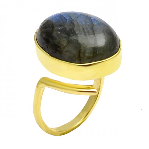 Labradorite Cabochon Oval Gemstone 925 Sterling Silver Gold Plated Band Ring
