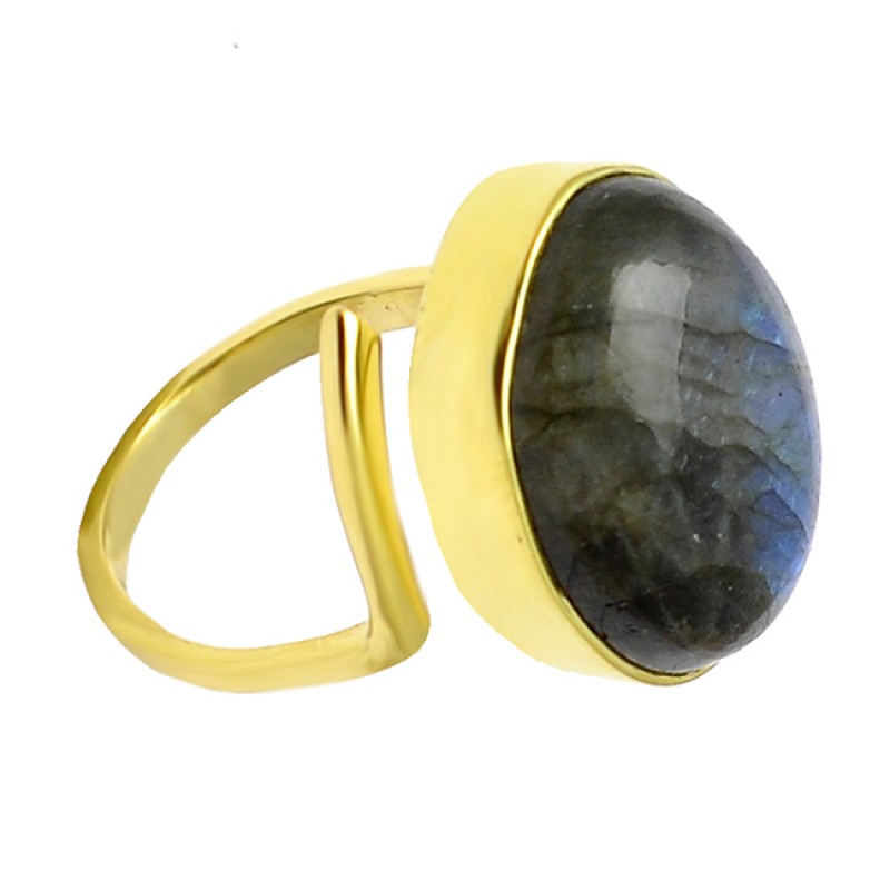 Labradorite Cabochon Oval Gemstone 925 Sterling Silver Gold Plated Band Ring
