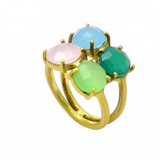 Onyx Chalcedony Round Shape Gemstone 925 Sterling Silver Gold Plated Rings