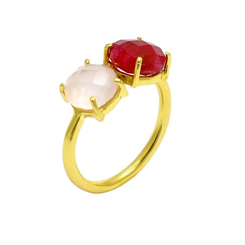 Rose Quartz Ruby Gemstone 925 Sterling Silver Gold Plated Ring Jewelry