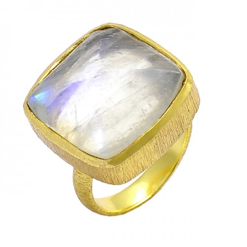 Square Shape Rainbow Moonstone 925 Sterling Silver Gold Plated Ring Jewelry