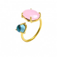 Rose Chalcedony Turquoise Gemstone 925 Sterling Silver Gold Plated Ring