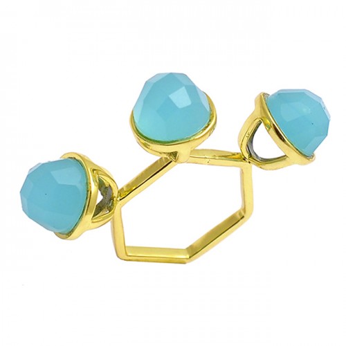Aqua Chalcedony Highdoom Round Shape Gemstone 925 Sterling Silver Gold Plated Rings