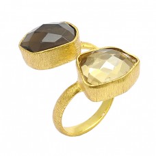 Fancy Shape Smoky Quartz Gemstone 925 Sterling Silver Gold Plated Band Ring