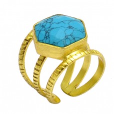 Hexagon Shape Matrix Tourquise Gemstone 925 Sterling Silver Gold Plated Adjustable Ring