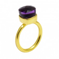 Square Shape Amethyst Gemstone 925 Sterling Silver Gold Plated Designer Ring