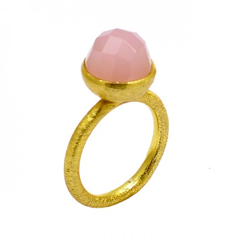 Round Shape Rose Chalcedony Gemstone 925 Sterling Silver Gold Plated Ring