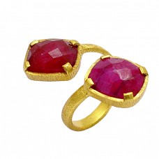 Briolettte Cushion Shape Ruby Gemstone 925 Silver Gold Plated Band Designer Ring