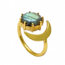 925 Silver Labradorite Round Shape Gemstone Moon Designer Gold Plated Ring Jewelry
