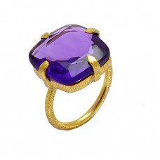 Faceted Square Shape Amethyst Gemstone 925 Sterling Silver Gold Plated Ring