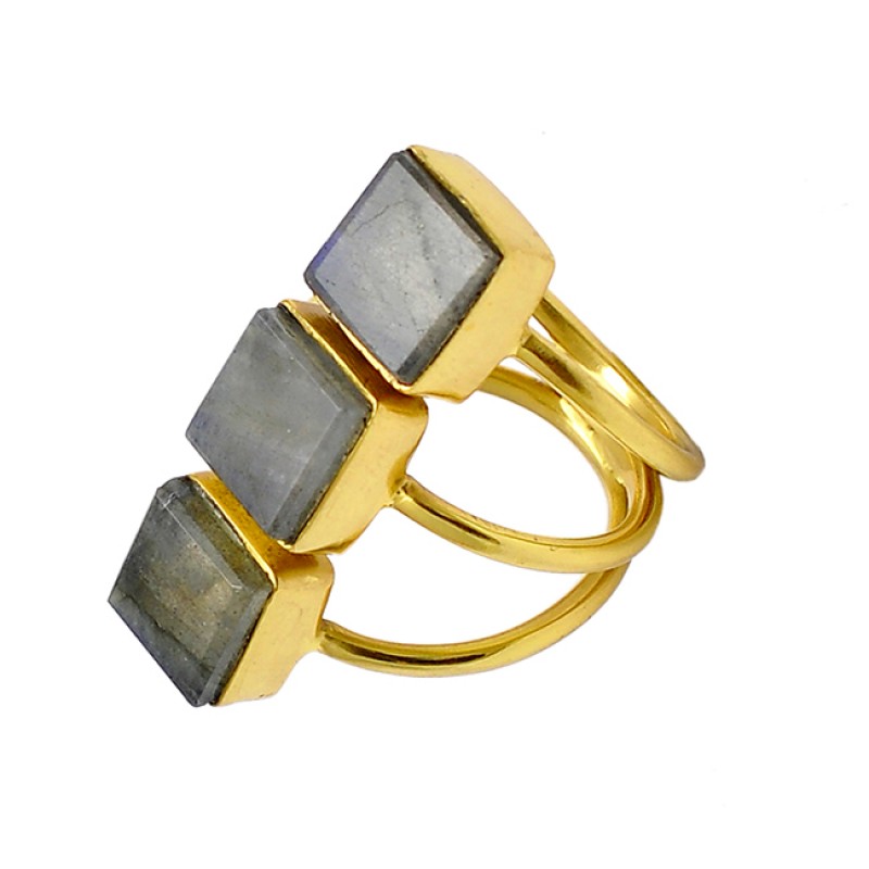 Square Shape Labradorite Gemstone 925 Silver Gold Plated Handmade Ring Jewelry