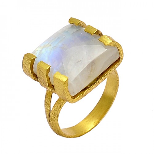 Cabochon Square Shape Rainbow Moonstone 925 Sterling Silver Gold Plated Ring