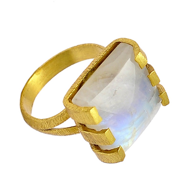 Cabochon Square Shape Rainbow Moonstone 925 Sterling Silver Gold Plated Ring
