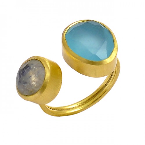 Oval Round Shape Chalcedony Labradorite Gemstone 925 Silver Unique Gold Plated Ring