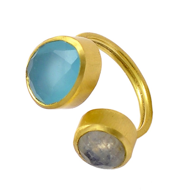 Oval Round Shape Chalcedony Labradorite Gemstone 925 Silver Unique Gold Plated Ring