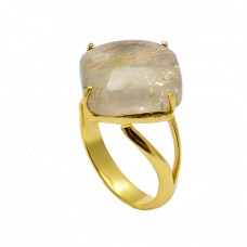 Golden Rutile Quartz Cabochon Square Gemstone 925 Silver Gold Plated Band Ring Jewerly