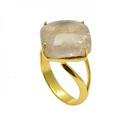 Golden Rutile Quartz Cabochon Square Gemstone 925 Silver Gold Plated Band Ring Jewerly