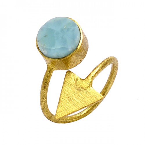 Round Shape Larimar Gemstone 925 Sterling Silver Gold Plated Ring Jewelry