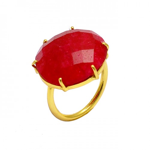 Prong Setting Oval Shape Ruby Gemstone 925 Sterling Silver Gold Plated Ring