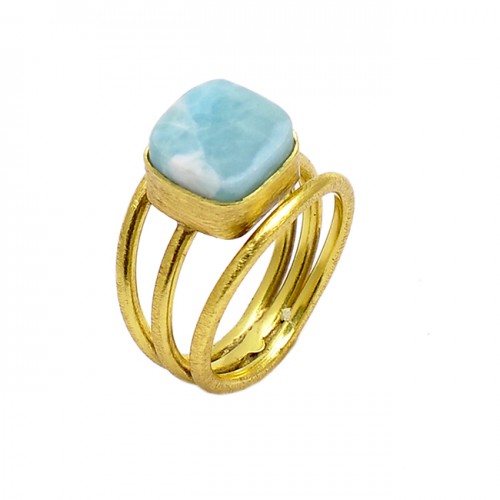 Square Shape Larimar Gemstone 925 Sterling Silver Gold Plated Ring Jewelry