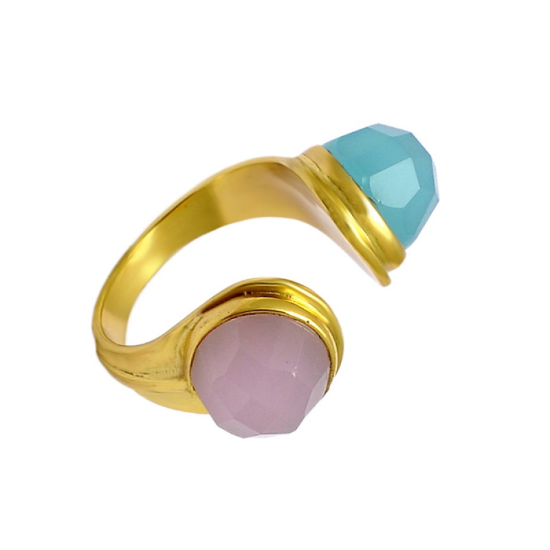 Rose Aqua Color Chalcedony Highdoom Round Gemstone Gold Plated Ring Jewelry