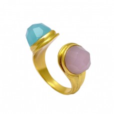 Rose Aqua Color Chalcedony Highdoom Round Gemstone Gold Plated Ring Jewelry