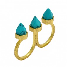 Two Finger Designer Pencil Shape Turquoise Gemstone 925 Silver Gold Plated Ring 