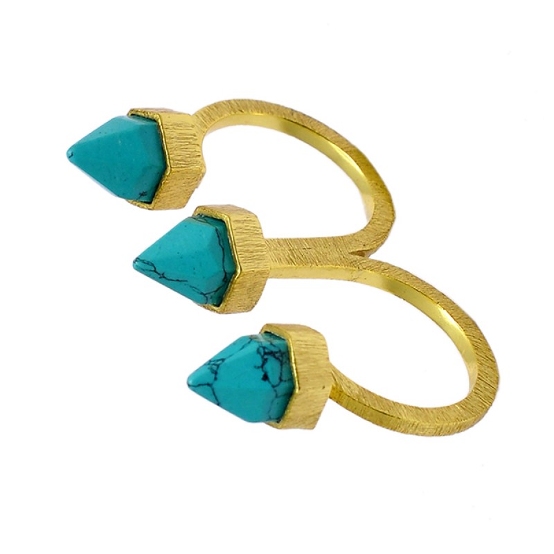Two Finger Designer Pencil Shape Turquoise Gemstone 925 Silver Gold Plated Ring 
