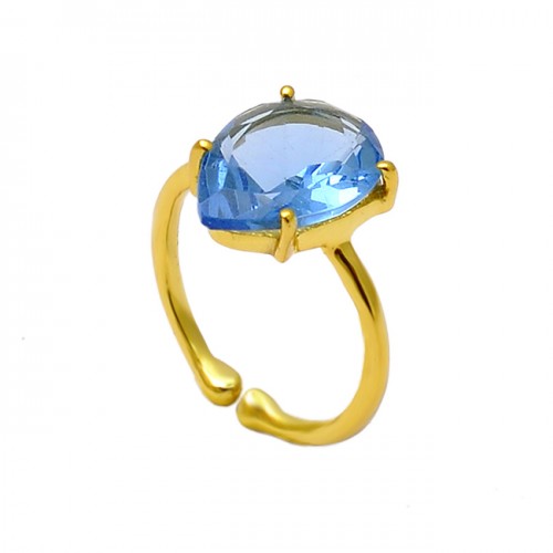 Faceted Pear Shape Blue Topaz Gemstone 925 Sterling Silver Gold Plated Ring 