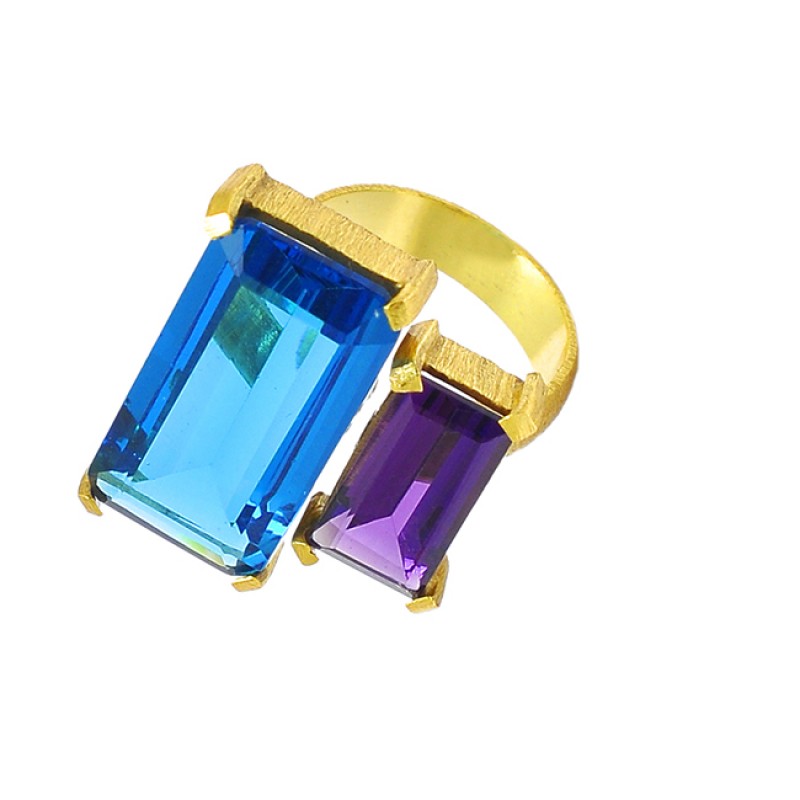 Amethyst Blue Topaz Rectangle Shape Gemstone Prong Setting Gold Plated Ring Jewelry