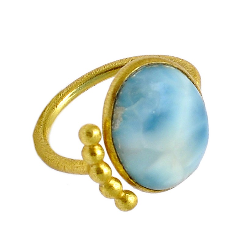 925 Sterling Silver Blue Larimar Oval Cabochon Gemstone Gold Plated Handmade Ring